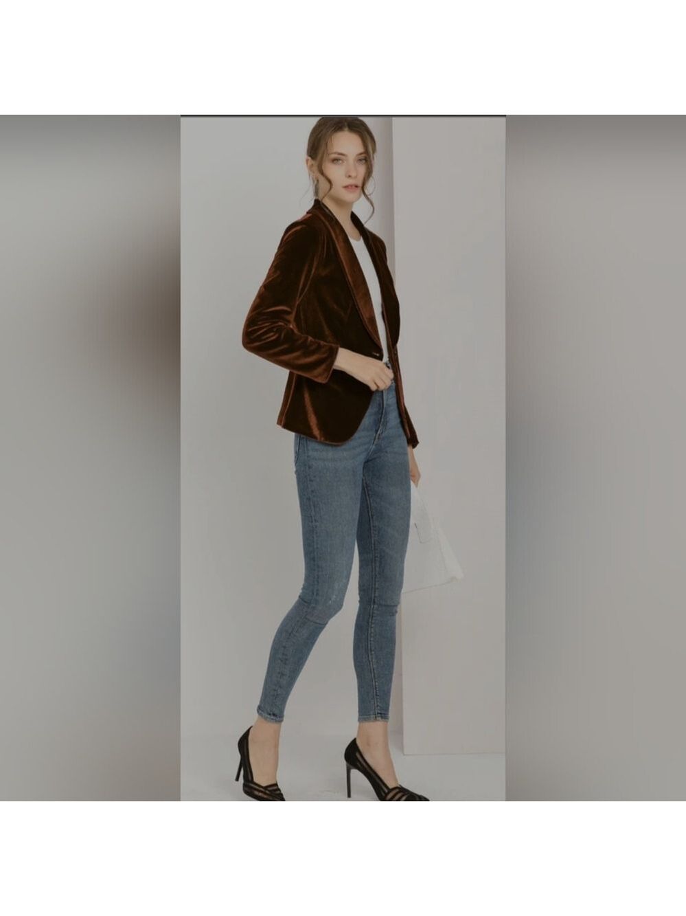 Allegra K | Solid Shawl Collar Single Button Brown Velvet Blazer | Size S - Picture 4 of 8